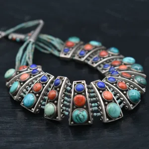 Vintage Coral Turquoise Lapis Silver Sterling Handmade Necklace Jewellery