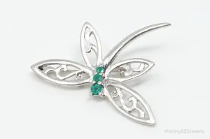 Vintage Emerald Dragonfly Sterling Silver Pin Brooch Necklace Pendant