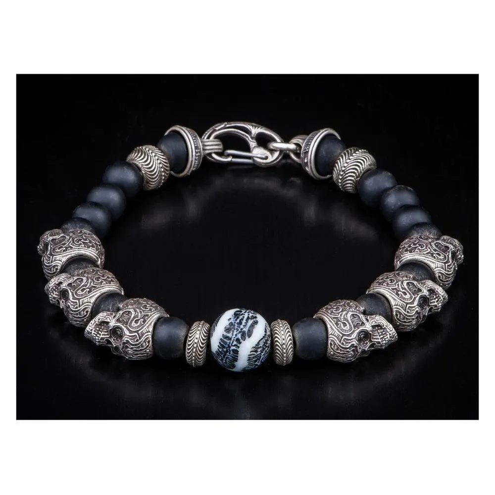 William Henry Sterling Silver Onyx Fossil Coral Beaded Bracelet