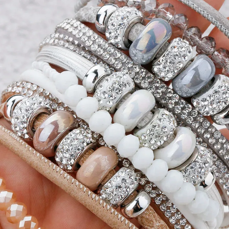 'Yiray' Beads and Rhinestones Cuff Bracelet - grey