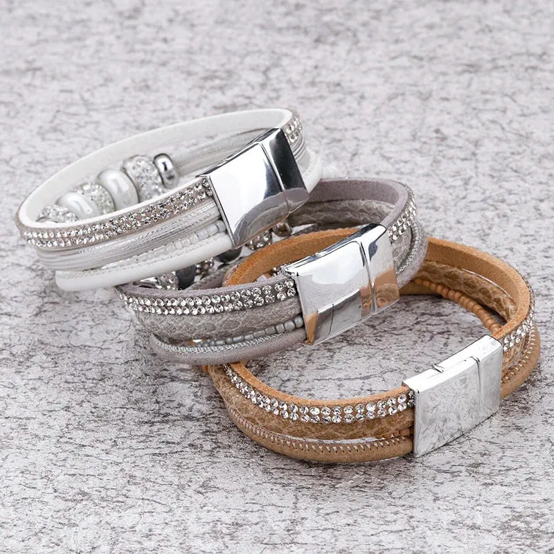 'Yiray' Beads and Rhinestones Cuff Bracelet - grey