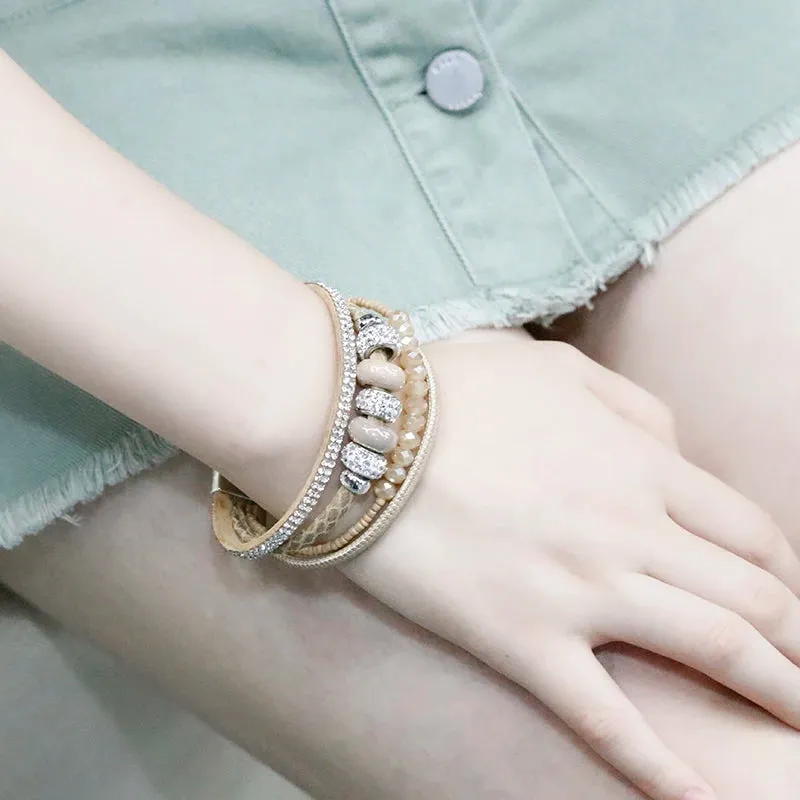 'Yiray' Beads and Rhinestones Cuff Bracelet - grey