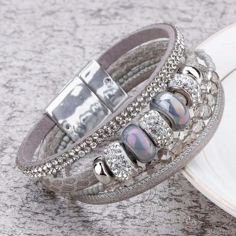 'Yiray' Beads and Rhinestones Cuff Bracelet - grey