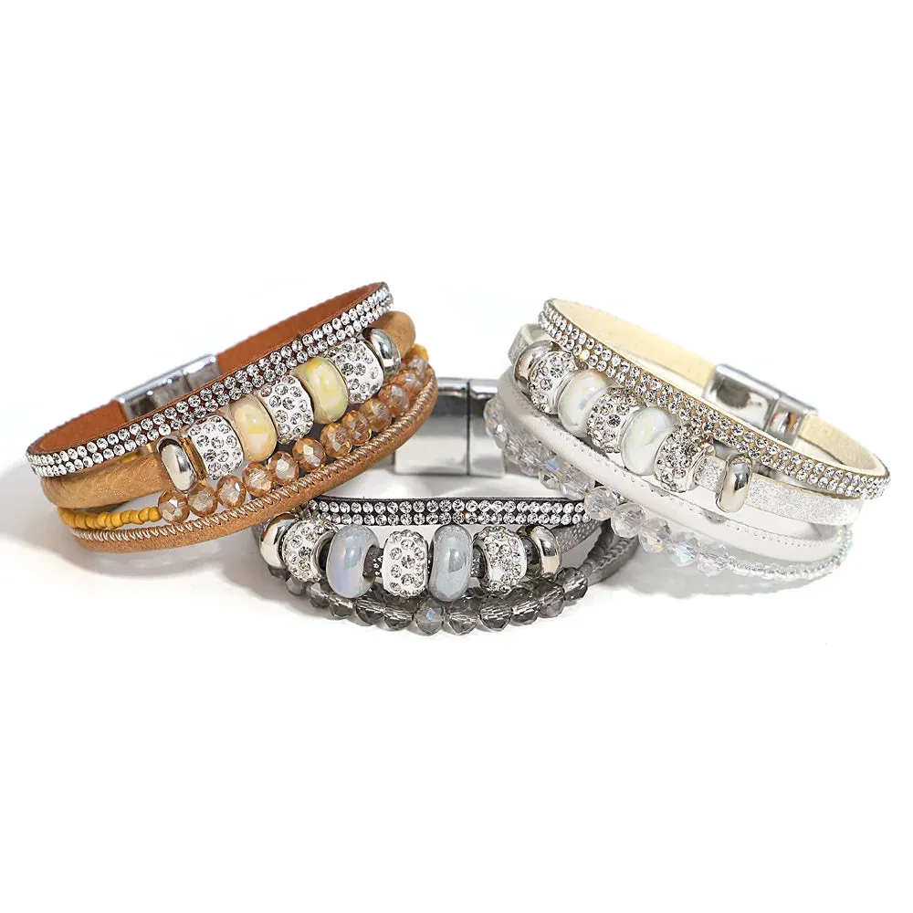 'Yiray' Beads and Rhinestones Cuff Bracelet - grey