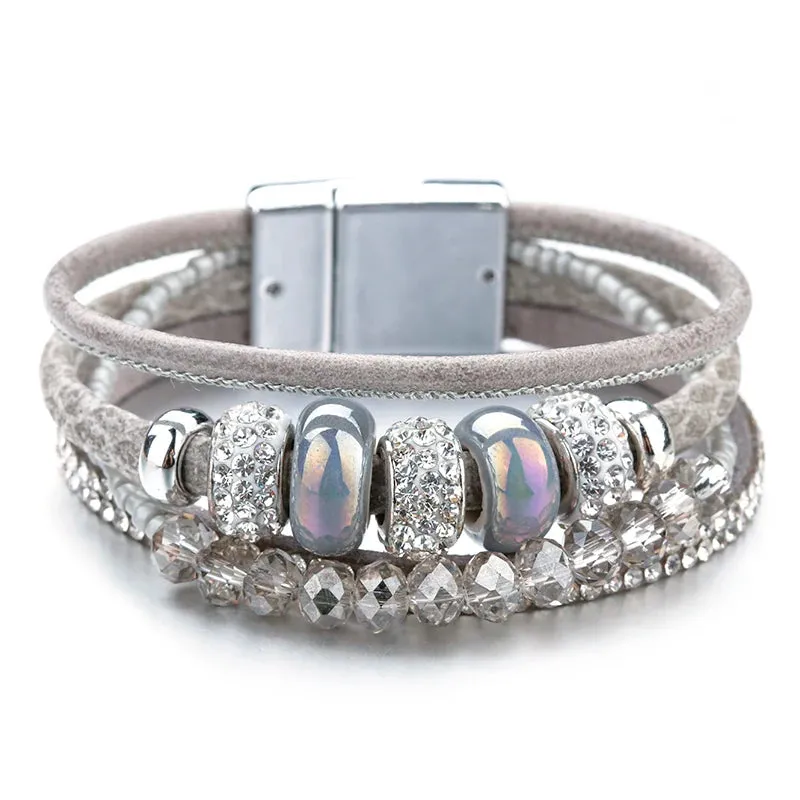 'Yiray' Beads and Rhinestones Cuff Bracelet - grey